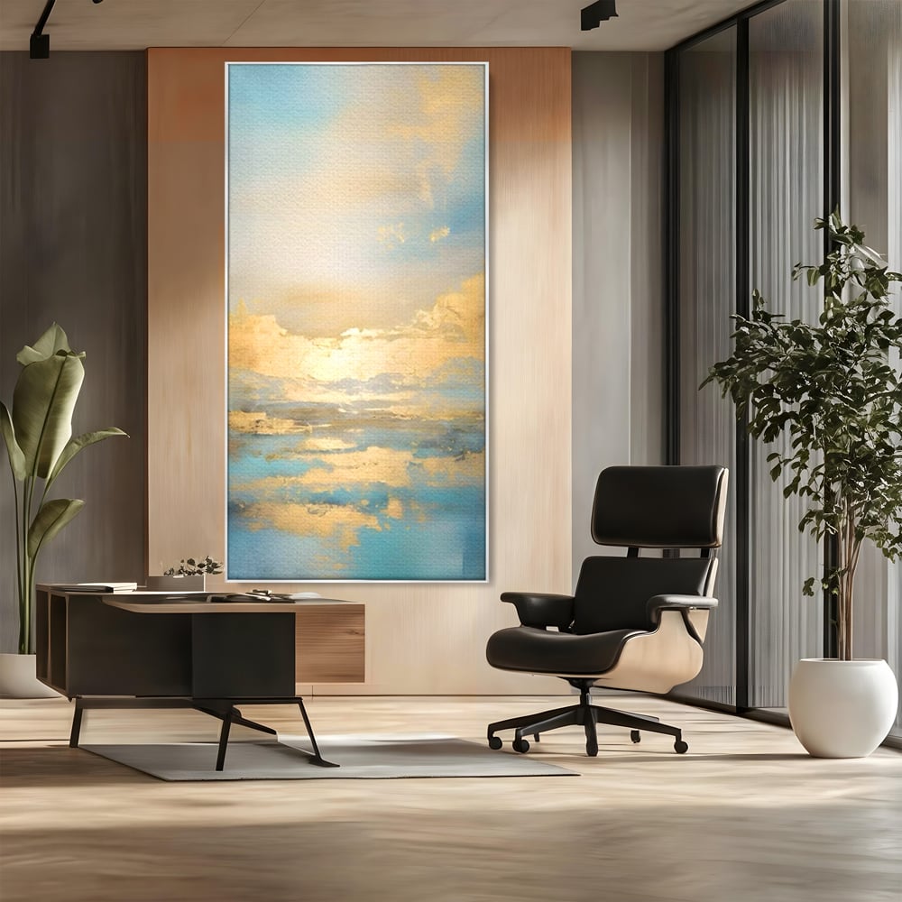 Tablou canvas cu tablou canvas cu peisaj marin abstract, in rama de aluminiu argintiu, pe perete intr-un birou